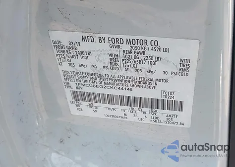 2012 Ford Escape Limited из США, поврежденный, VIN 1FMCU0EG2CKC44146